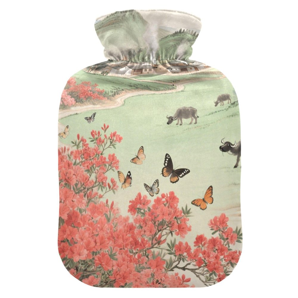 Chinese Style Green Field Red Flower Travel hot Water Bottle with Soft Cover, 1L hot Water Bags for Hand Feet Warmer