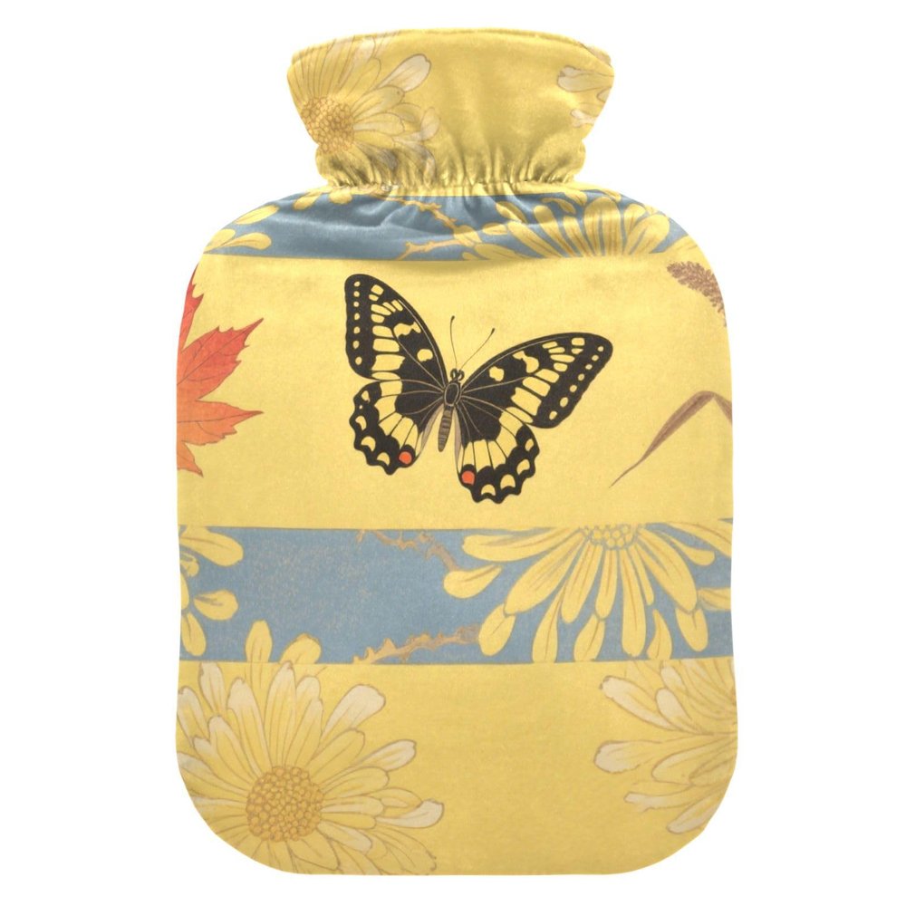 Japanese Yellow Butterfly Travel hot Water Bottle with Soft Cover, 2L hot compresses for The Body for Pain Relief