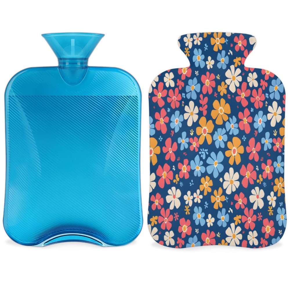 Colorful Flower Prints Hot Water Bottle with Cover 2L Large Hot Water Bag for Menstrual Cramps, Neck and Shoulder Pain Relief, Hot Cold Therapy, Hand Feet Warmer