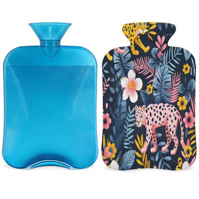 Forest Leopard Flower Hot Water Bottle with Cover 2L Large Hot Water Bag for Menstrual Cramps, Neck and Shoulder Pain Relief, Hot Cold Therapy, Hand Feet Warmer