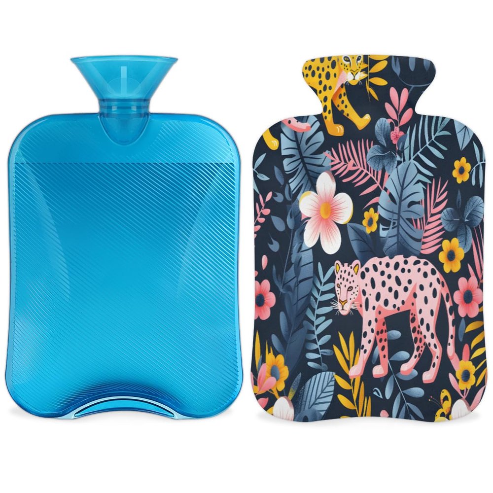 Forest Leopard Flower Hot Water Bottle with Cover 2L Large Hot Water Bag for Menstrual Cramps, Neck and Shoulder Pain Relief, Hot Cold Therapy, Hand Feet Warmer