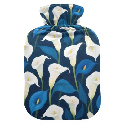 White Blue Calla Lilies hot Bottle Water Bag with Soft Cover, 1L hotwater Bag for Sore Muscle