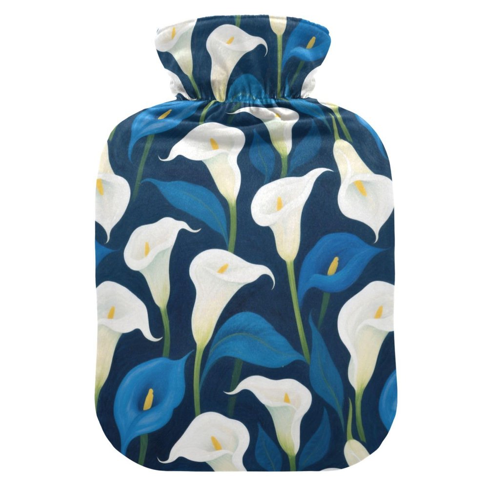 White Blue Calla Lilies hot Bottle Water Bag with Soft Cover, 1L hotwater Bag for Sore Muscle