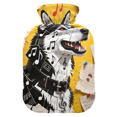 Cartoon Husky Dog Sheet Music Collage Style Water Bottle for hot Water with Soft Cover, 2L hot Water Bag for Tummy Warmer