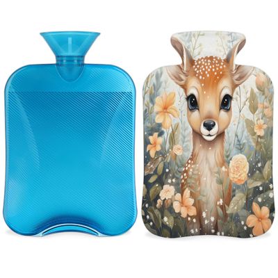 Watercolor Deer Flower Pattern Hot Water Bottle with Cover 2L Large Hot Water Bag for Menstrual Cramps, Neck and Shoulder Pain Relief, Hot Cold Therapy, Hand Feet Warmer