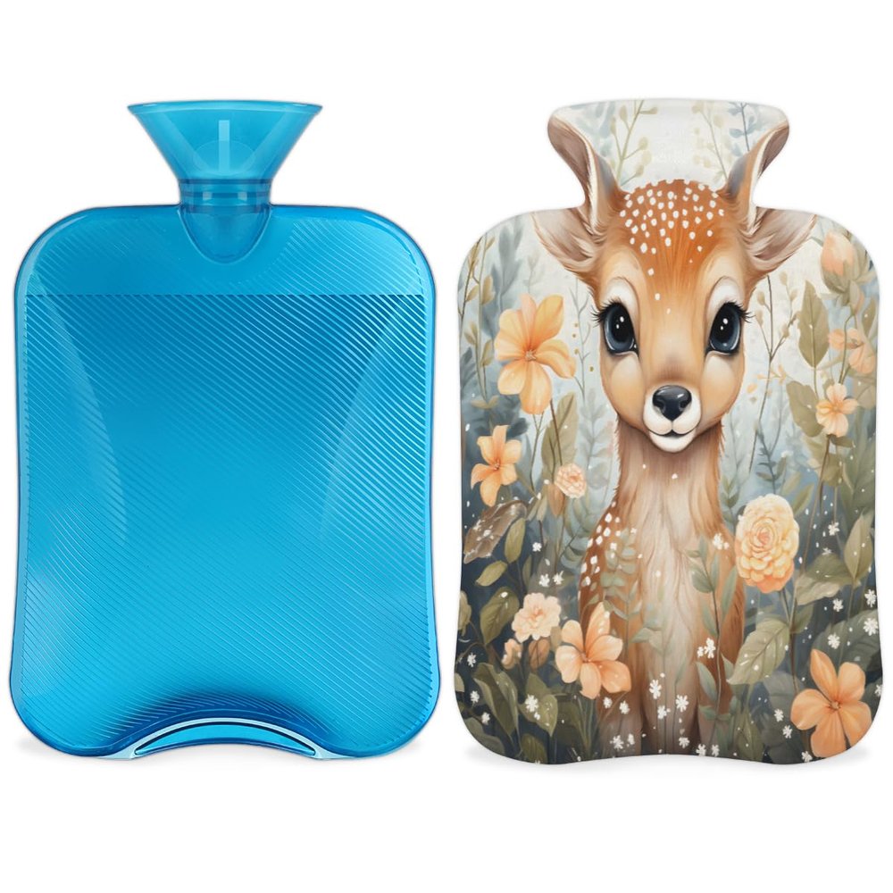 Watercolor Deer Flower Pattern Hot Water Bottle with Cover 2L Large Hot Water Bag for Menstrual Cramps, Neck and Shoulder Pain Relief, Hot Cold Therapy, Hand Feet Warmer