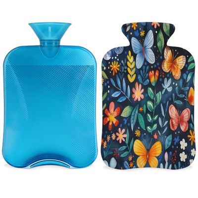 Butterfly Flower Paintings Hot Water Bottle with Cover 2L Large Hot Water Bag for Menstrual Cramps, Neck and Shoulder Pain Relief, Hot Cold Therapy, Hand Feet Warmer