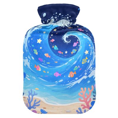 Waves Colorful Fish Cute hot Water Bottle with Soft Cover, 1L Warmer Bag for Hand Feet Warmer