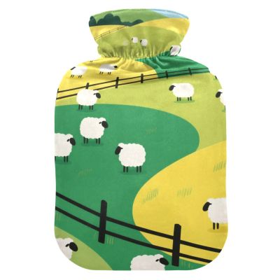 Cartoon White Sheep Green Yellow Farm hot Water Bottles with Soft Cover, 2L hot Compress Bag for Period Cramps