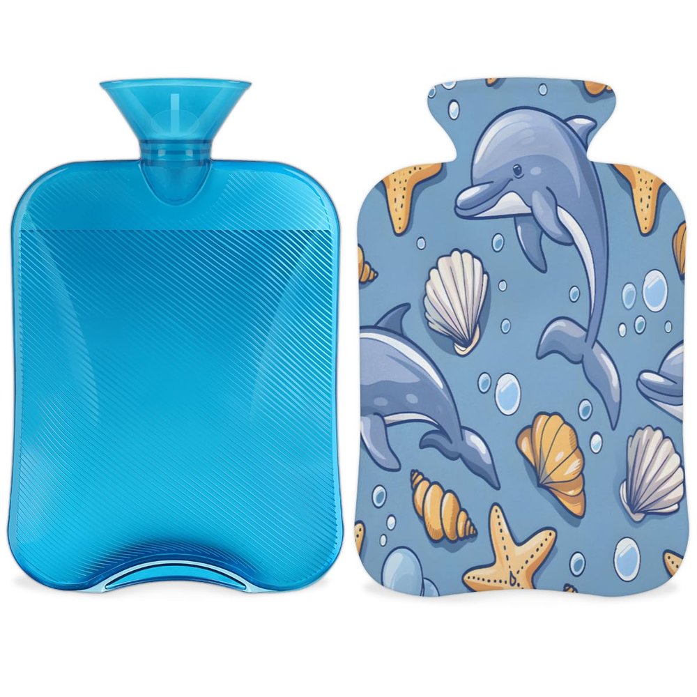 Cute Dolphin Pattern Hot Water Bottle with Cover 2L Large Hot Water Bag for Menstrual Cramps, Neck and Shoulder Pain Relief, Hot Cold Therapy, Hand Feet Warmer