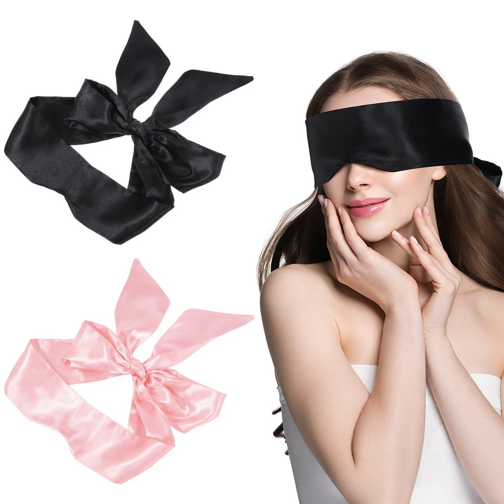 2Pcs Satin Eye Mask Sleep Mask, Adjustable Blindfold Soft Satin Eye Covers Gift for Travel, Nap, Meditation,157cm/62inch (Black+Pink Upgrade)