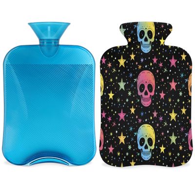 Colorful Skull Star Hot Water Bottle with Cover 2L Large Hot Water Bag for Menstrual Cramps, Neck and Shoulder Pain Relief, Hot Cold Therapy, Hand Feet Warmer