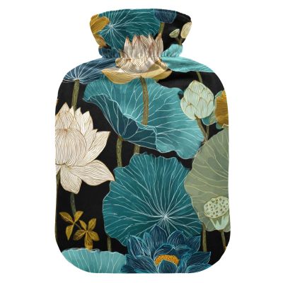 Elegant Water-Lilies Blue Retro hot Water Bottles with Soft Cover, 1L hot compresses for The Body for Neck Shoulder Warmer