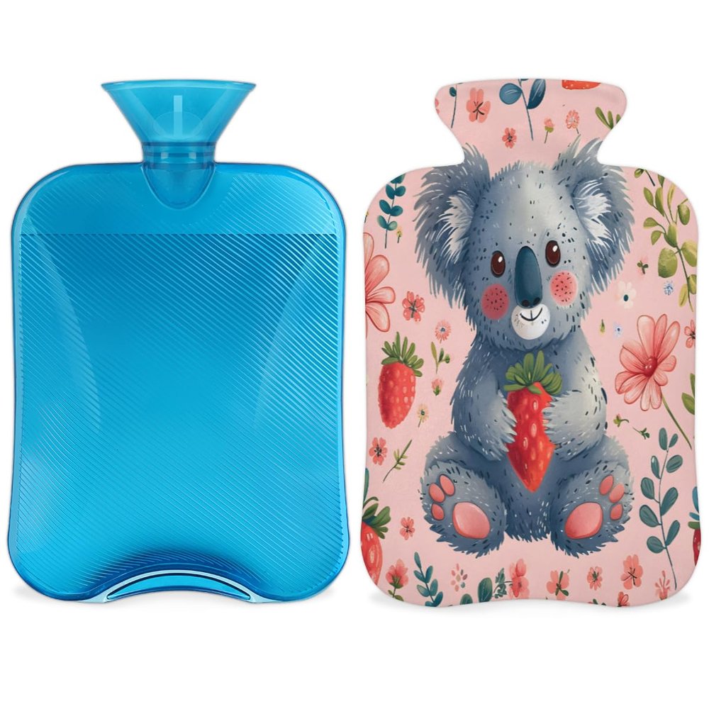 Cute Koala Strawberry Pattern Hot Water Bottle with Cover 2L Large Hot Water Bag for Menstrual Cramps, Neck and Shoulder Pain Relief, Hot Cold Therapy, Hand Feet Warmer