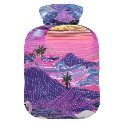 Crane Sunset Tropical Vapor Wave Style hot-Water Bottle with Soft Cover, 1L Water Bottle Bag for Neck and Shoulder Pain Relief