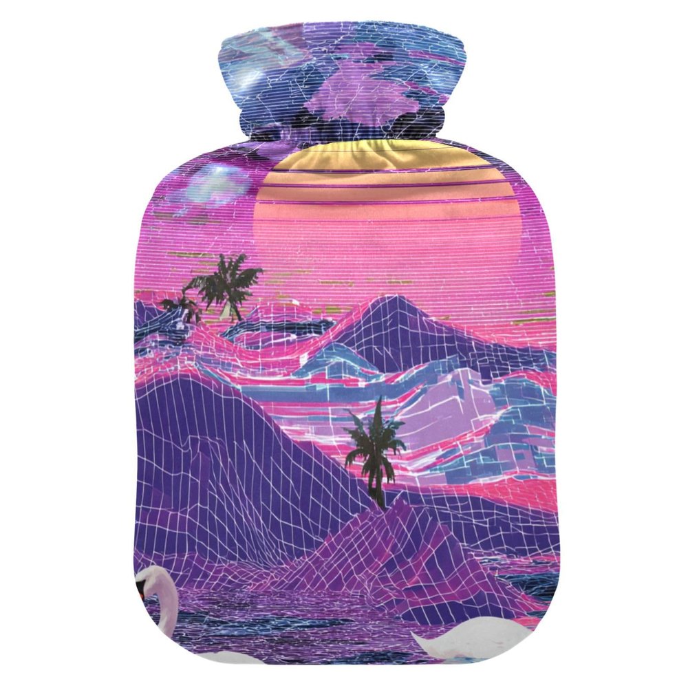 Crane Sunset Tropical Vapor Wave Style hot-Water Bottle with Soft Cover, 1L Water Bottle Bag for Neck and Shoulder Pain Relief