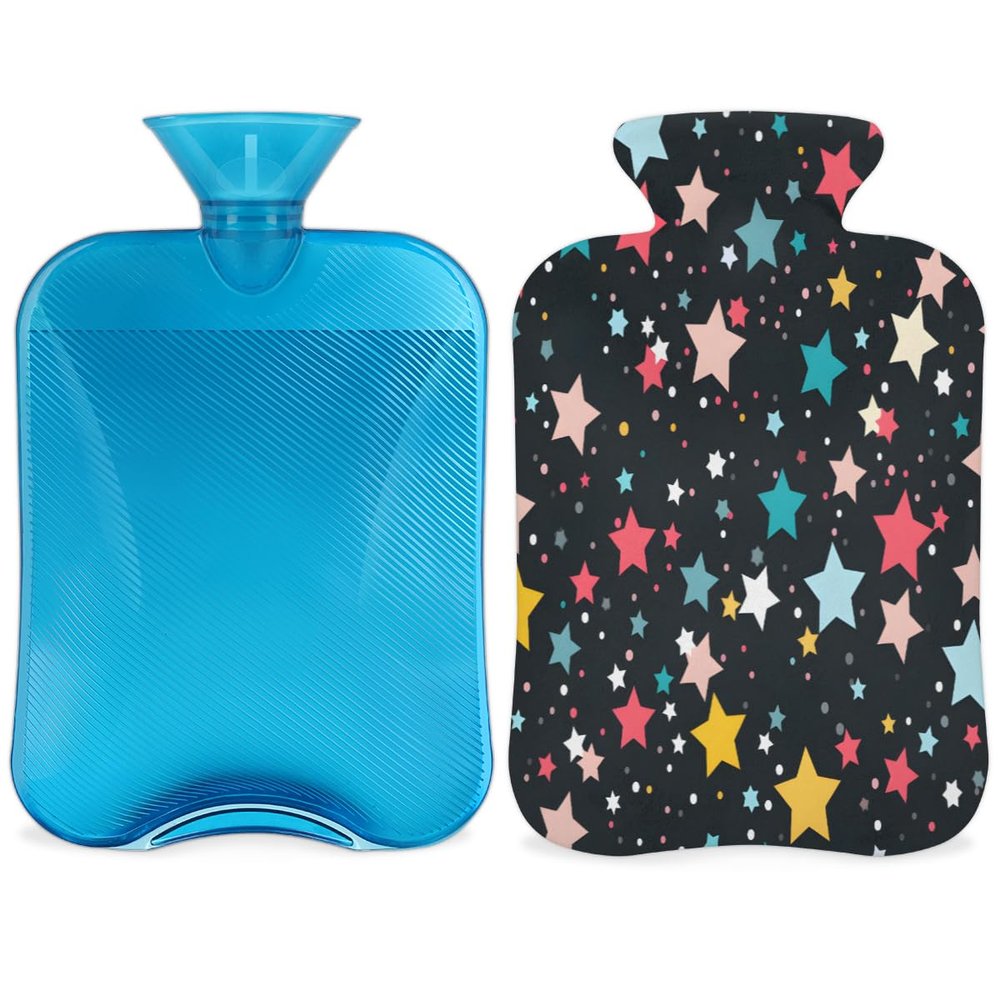 Color Star Pattern Hot Water Bottle with Cover 2L Large Hot Water Bag for Menstrual Cramps, Neck and Shoulder Pain Relief, Hot Cold Therapy, Hand Feet Warmer
