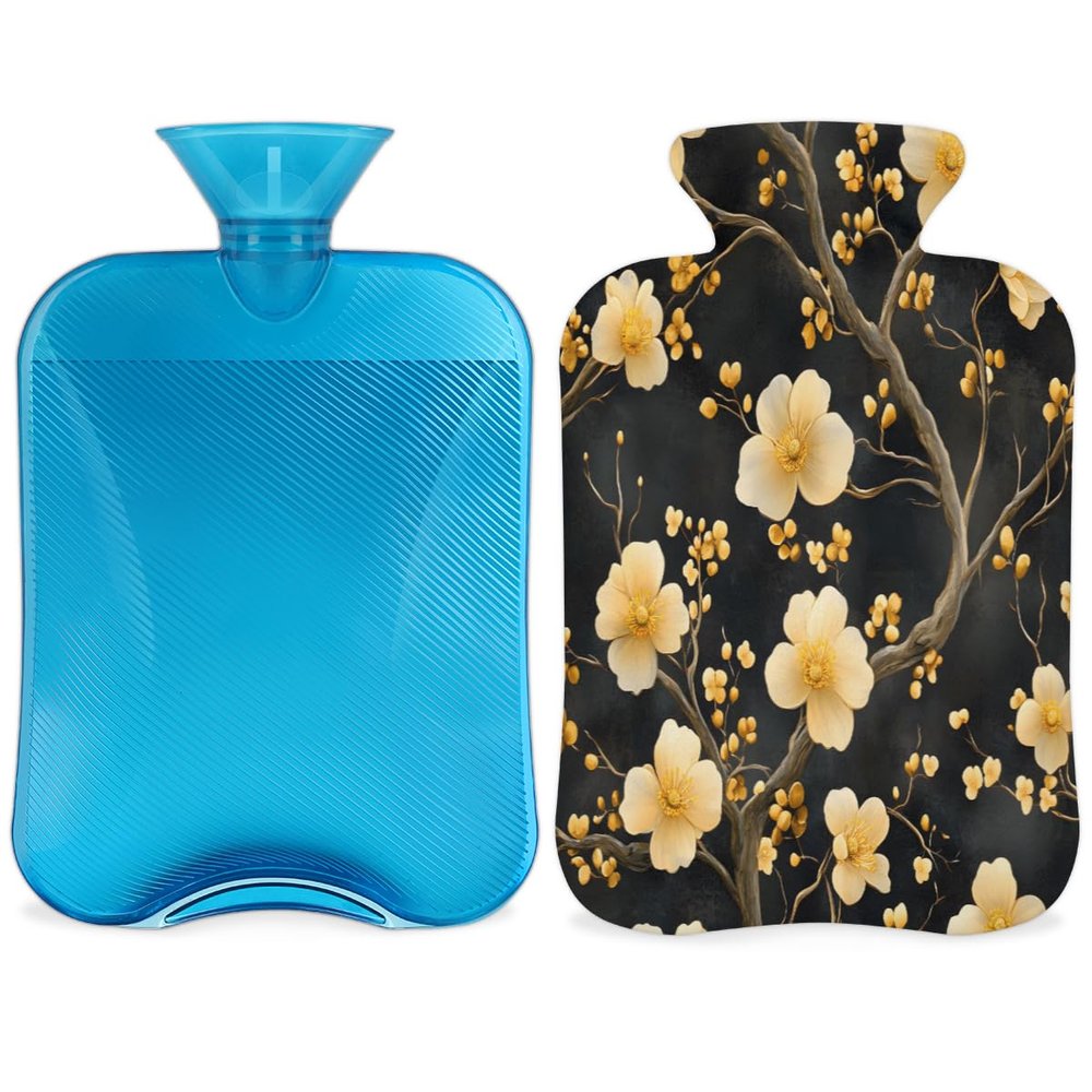 Simple Yellow Flower Hot Water Bottle with Cover 2L Large Hot Water Bag for Menstrual Cramps, Neck and Shoulder Pain Relief, Hot Cold Therapy, Hand Feet Warmer
