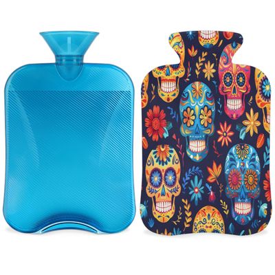 Colorful Sugar Skull Pattern Hot Water Bottle with Cover 2L Large Hot Water Bag for Menstrual Cramps, Neck and Shoulder Pain Relief, Hot Cold Therapy, Hand Feet Warmer
