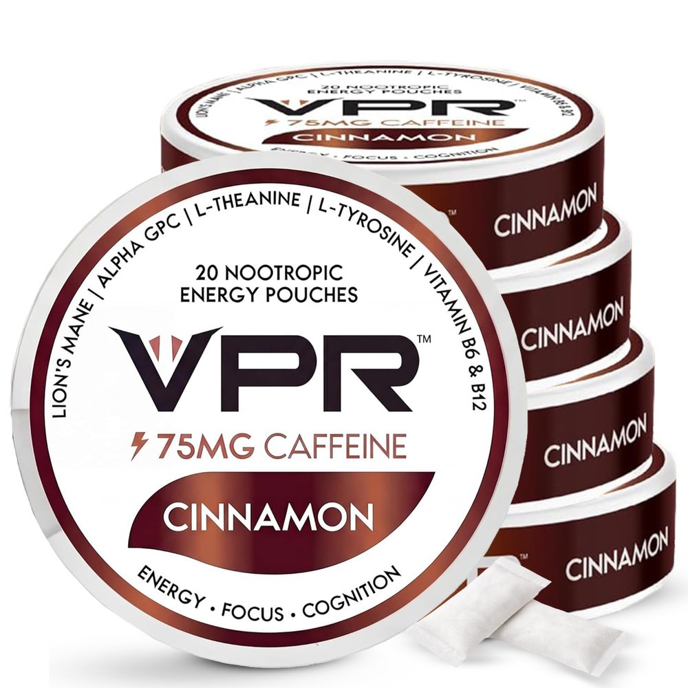 VPR 75mg Caffeine Nootropic Pouches | 20 Count Energy Pouches with Lion's Mane, Alpha-GPC, Vitamin B6 & B12, L-Theanine, and L-Tyrosine | Naturally Flavored Focus Pouches with No Sugar | Cinnamon