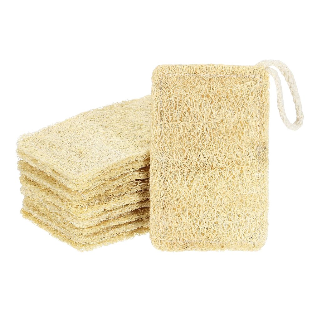 uxcell 10 Pcs Natural Loofah Kitchen Sponge, 4.3''x2.7'' Multipurpose Dish Sponges Reusable Non-Scratch Loofah Sponges with Rope for Kitchen, Bathroom Cleaning, Double Side, Natural