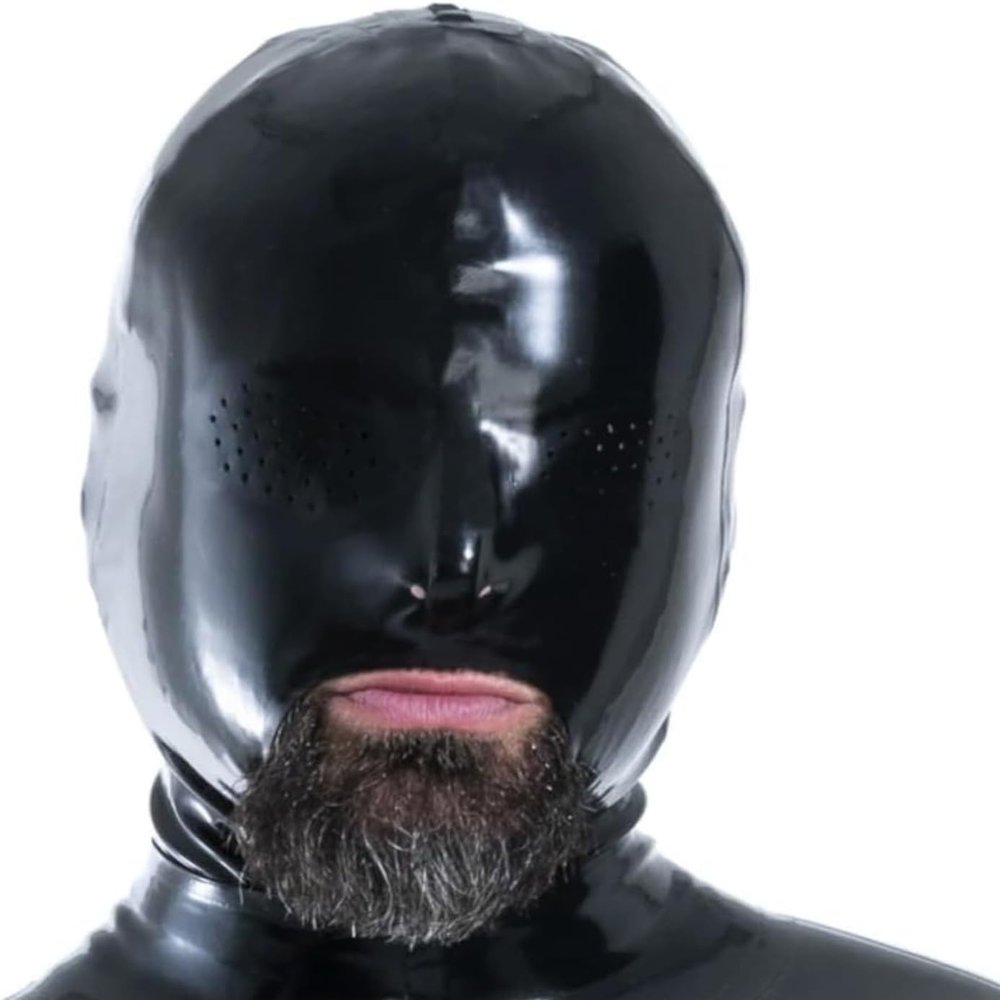 PEAAE Latex Hooded Full Face Mask with Eyes Pin Hole Zipped Latex Mask for Men and Women(Black-0.4mm Zipper,Large)