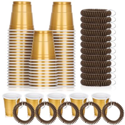 50 Pcs Gold Shot Cups with Wristband for Party 2oz Plastic Shot Glasses Disposable Mini Shot Glasses Bulk with Wrist Coil 2oz Solo Cups for Festival Birthday Favor Wedding Halloween Party Supplies