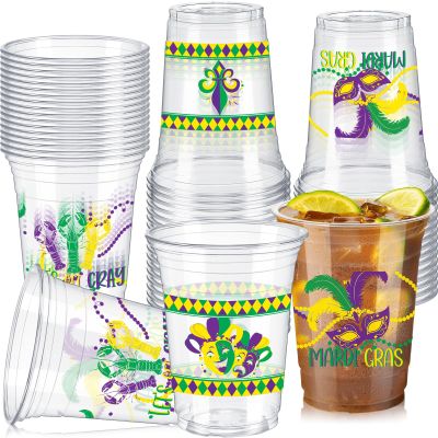 Mimorou 100 Pcs Mardi Gras Party Plastic Cup 12 oz Mardi Gras Fleur De Lis Jester Hats Beads Mask Feather Lobsters Thick Clear Cup Disposable Table Decorations Party Favor
