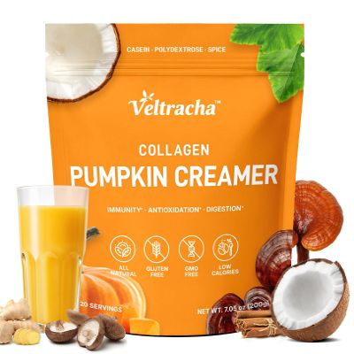 Veltracha Mushroom Pumpkin Spice Creamer with Collagen - Prebiotics Coconut Coffee Creamer with 4 Adaptogenic Mushrooms, Dairy-Free Creamer Supports Gut Health & Immune, 20 Servings