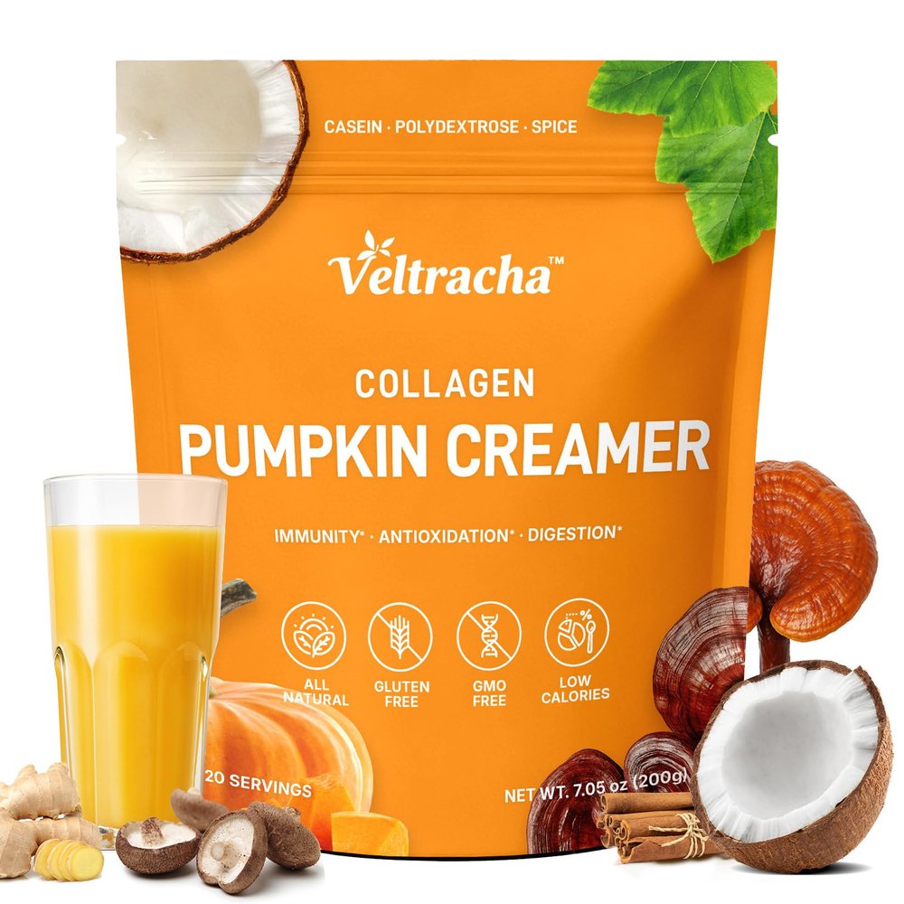 Veltracha Mushroom Pumpkin Spice Creamer with Collagen - Prebiotics Coconut Coffee Creamer with 4 Adaptogenic Mushrooms, Dairy-Free Creamer Supports Gut Health & Immune, 20 Servings