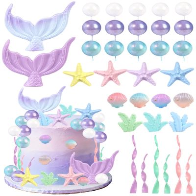 Glavatrix 34 Pcs Mermaid Cake Topper Under The Sea Cake Decorations With Mermaid Tail Seaweed Shells Starfish Ball Birthday Party Supplies for Baby Shower Birthday Gift