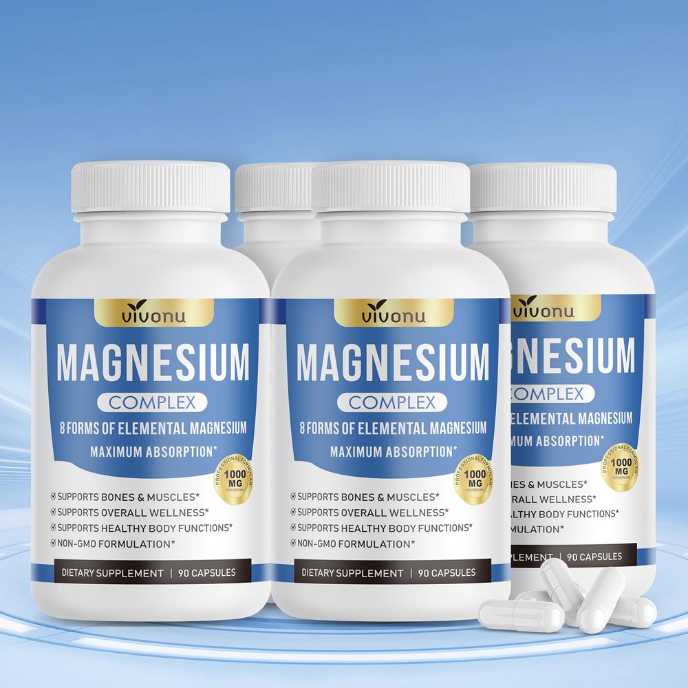 1000mg Magnesium Complex Capsules, 8 Elemental with Magnesium Glycinate, Citrate, Malate, Taurate, Oxide, Carbonate, Aspartate, Orotate for Bones, Muscle, Recovery, Energy, Vegan Non-GMO, 4 Bottle