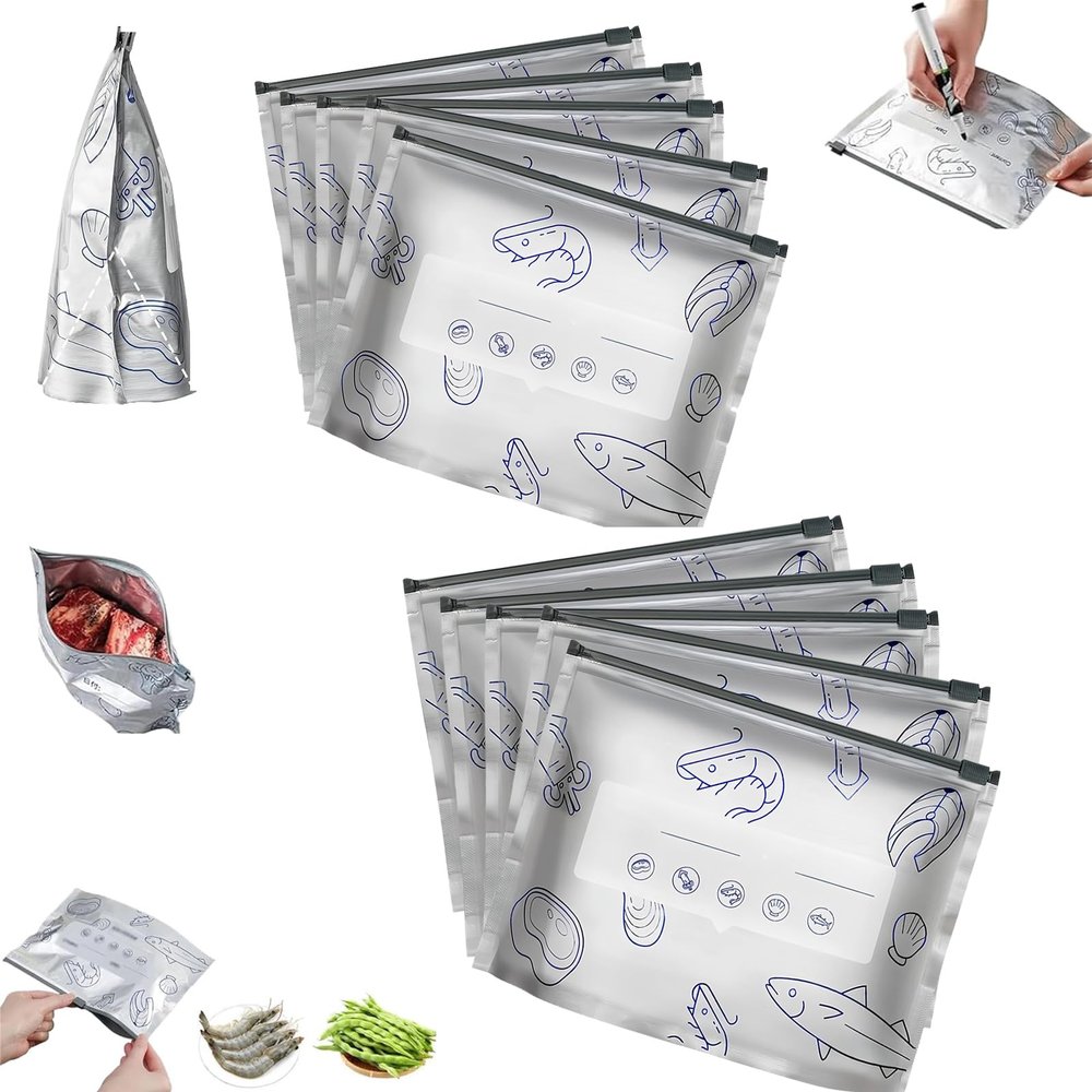 Reusable Aluminum Foil Sealable Storage Bags, Reusable Aluminum Foil Freshness Seal Bags, Freshness Seal Bags With Label And Zip Lock for Refrigerator, Keep Fresh Longer (10 pcs, Large)