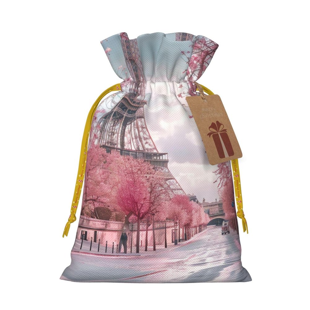 Ruzoap Christmas Burlap Gift Bags with Drawstrings, Paris Street Eiffel Tower Pink Floral - Christmas Treat Candy Bags for Holiday Party Wrapping Xmas Present - Small