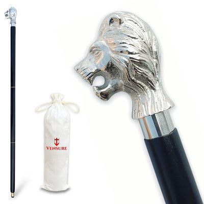 Vensure Silver Lion Head Walking Cane Handmade Aluminum & Natural Wood Stick for Men & Women Antique Style Designer Walking Stick 36" Vintage Gift for Gentlemen & Collectors