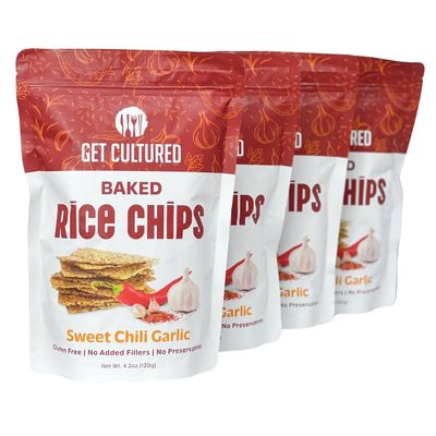 Get Cultured Sweet Chili Garlic Baked Rice Chips, Crispy and Crunchy Rice Chip Snack Gluten & Dairy Free, No Preservatives Healthy Snack Pack for Adults and Kids | 4.2 Oz Resealable Bag (4Pack)