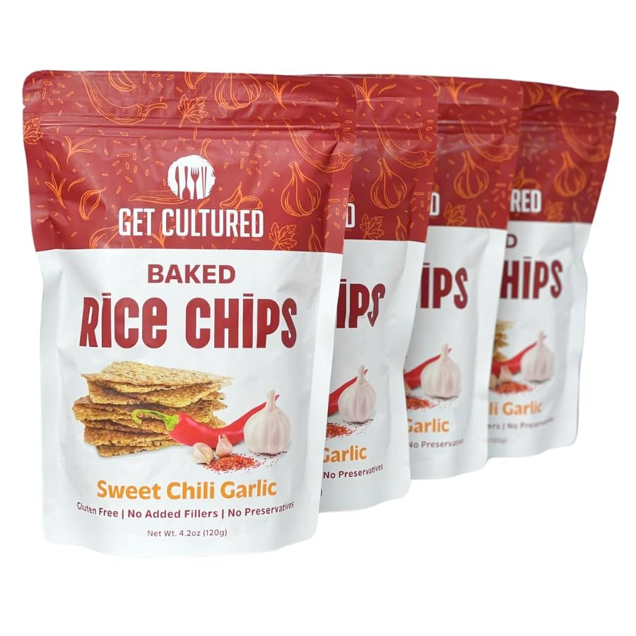 Get Cultured Sweet Chili Garlic Baked Rice Chips, Crispy and Crunchy Rice Chip Snack Gluten & Dairy Free, No Preservatives Healthy Snack Pack for Adults and Kids | 4.2 Oz Resealable Bag (4Pack)