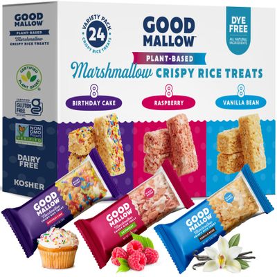 GoodMallow Vegan Rice Crispy Treats Individually Wrapped Box of 24 , Kosher Vegan Snacks, Gluten Free Dairy Free Snacks for Kids & Adults - Healthy Sweets Made with Gourmet Marshmallows , Made in USA -combo pack of all flavors
