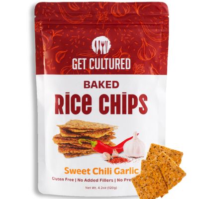 Get Cultured Sweet Chili Garlic Baked Rice Chips, Crispy and Crunchy Rice Chip Snack Gluten & Dairy Free, No Preservatives Healthy Snack Pack for Adults and Kids | 4.2 Oz Resealable Bag (1Pack)