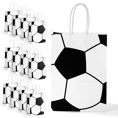 Sinbana 12pcs Soccer Party Favor Bags, Kraft Paper Football Goodie Gift Candy Snack Bags with Handles for Birthday Soccer Sports Theme Party Supplies & Decorations (Black, White)