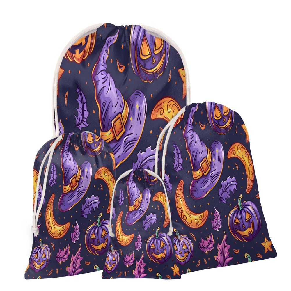 Aglebo Moon Leaf Pumpkin Purple Orange Reusable Christmas Gift Bag Set with Drawstring 16" x 12" Xmas Treats Bags Funny Design for Party Birthday Xmas Presents Wrapping Bags (1 Pack)