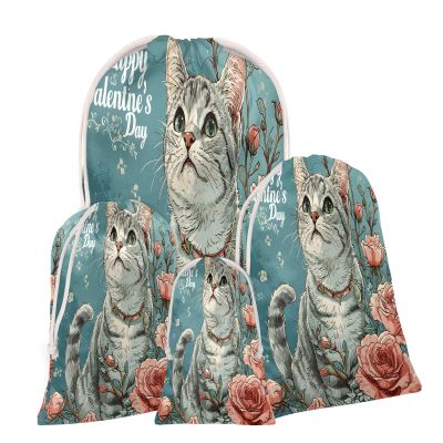 Aglebo Rose Watercolor Cat Reusable Christmas Gift Bag Set with Drawstring 16" x 12" Xmas Treats Bags Funny Design for Party Birthday Xmas Presents Wrapping Bags (1 Pack)