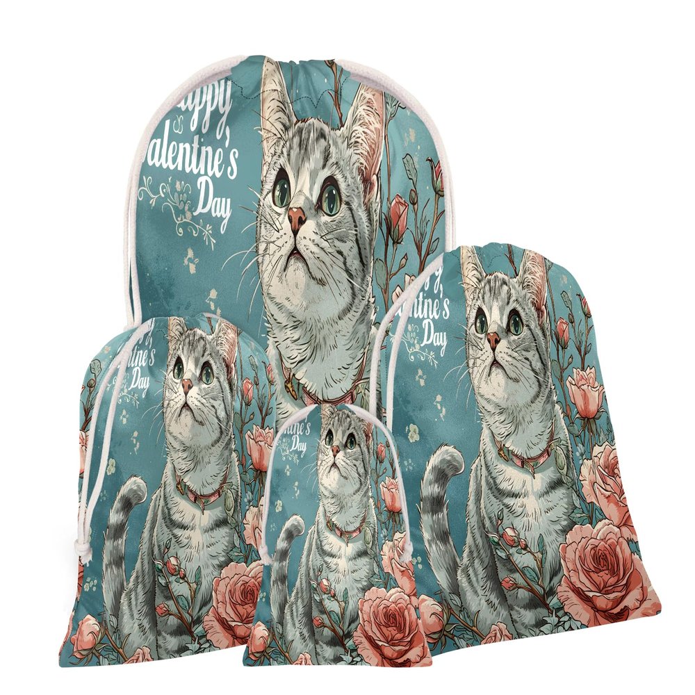 Aglebo Rose Watercolor Cat Reusable Christmas Gift Bag Set with Drawstring 16" x 12" Xmas Treats Bags Funny Design for Party Birthday Xmas Presents Wrapping Bags (1 Pack)