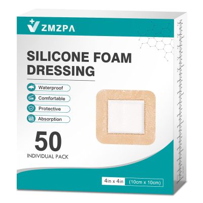 50Pcs Silicone Foam Dressing 4x4 Gentle Border, Waterproof Silicone Bandages for Wounds Care, Bed Sore Patches, Super Absorbent Wound Dressing, Self Adhesive Pressure Sore Pads