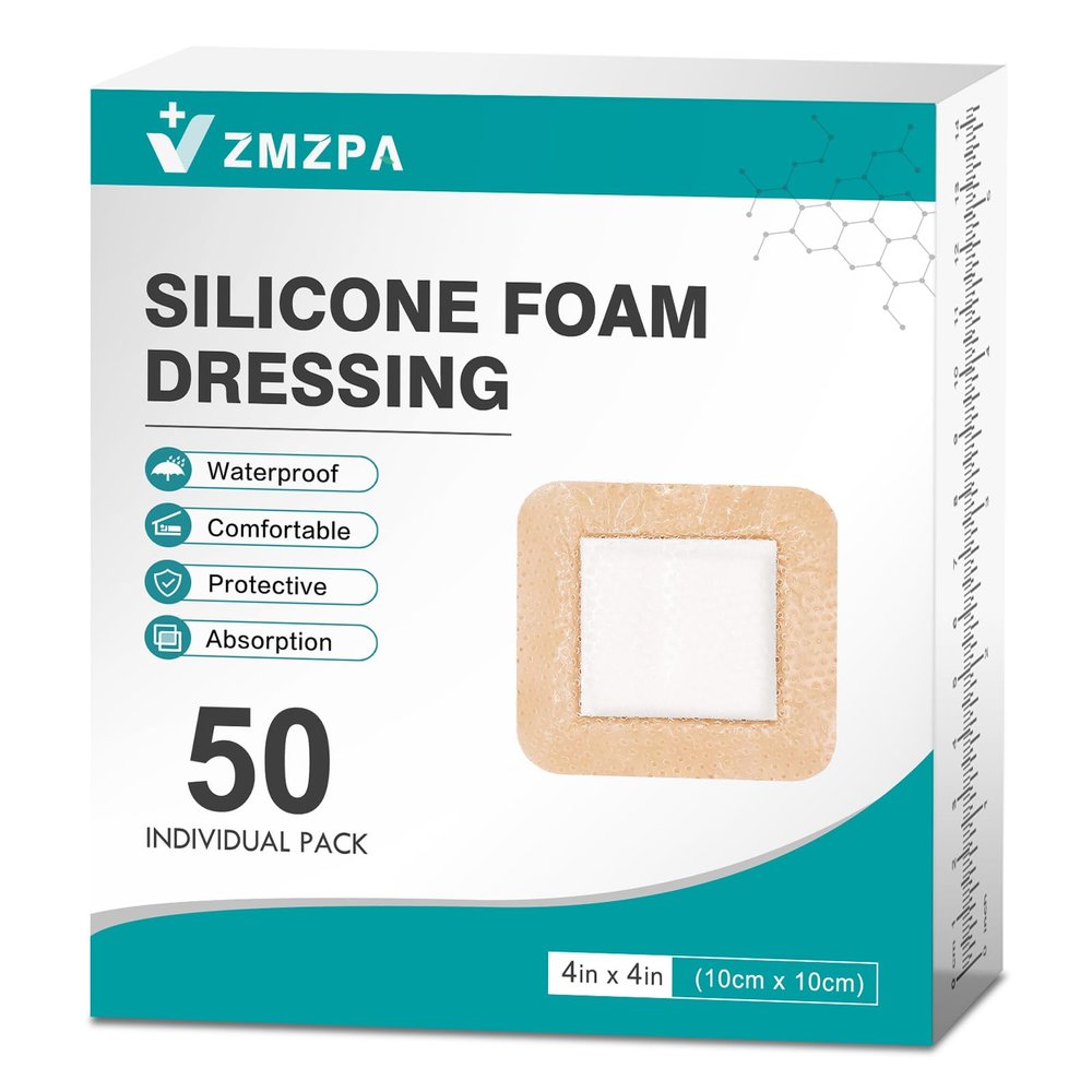 50Pcs Silicone Foam Dressing 4x4 Gentle Border, Waterproof Silicone Bandages for Wounds Care, Bed Sore Patches, Super Absorbent Wound Dressing, Self Adhesive Pressure Sore Pads