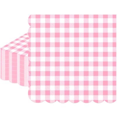 100 Pcs Pink Gingham Napkins Disposable - Pink and White Checkered Paper Napkins - Scalloped Plaid Dinner Napkins for Girls Women Wedding Birthday Baby Shower Picnic Party Supplies