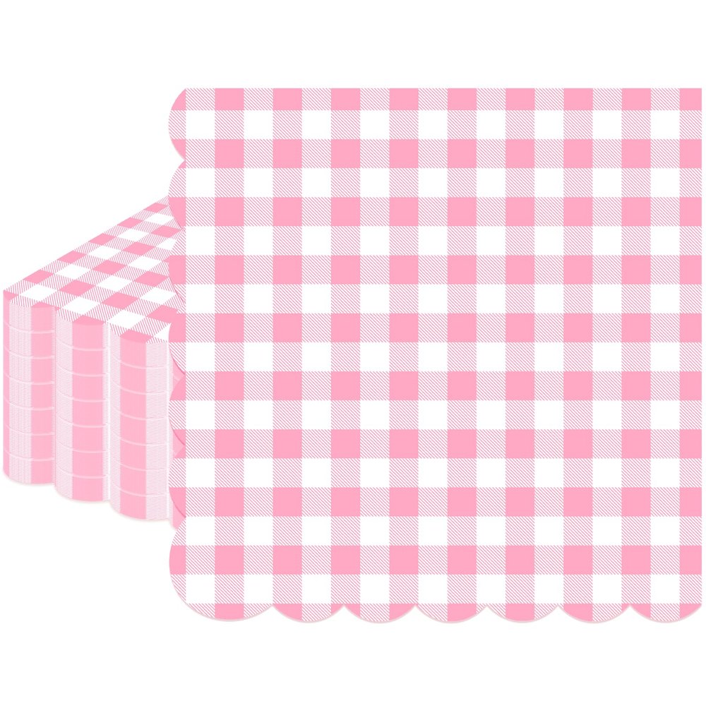 100 Pcs Pink Gingham Napkins Disposable - Pink and White Checkered Paper Napkins - Scalloped Plaid Dinner Napkins for Girls Women Wedding Birthday Baby Shower Picnic Party Supplies