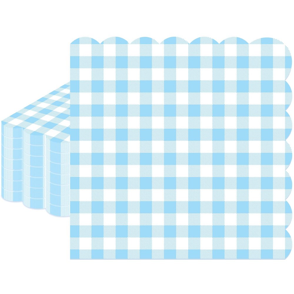 100 Pcs Blue Gingham Napkins Disposable, 6.5 Inch Blue and White Paper Napkins Scalloped Checkered Napkins for Wedding Birthday Baby Shower Picnic Party Supplies