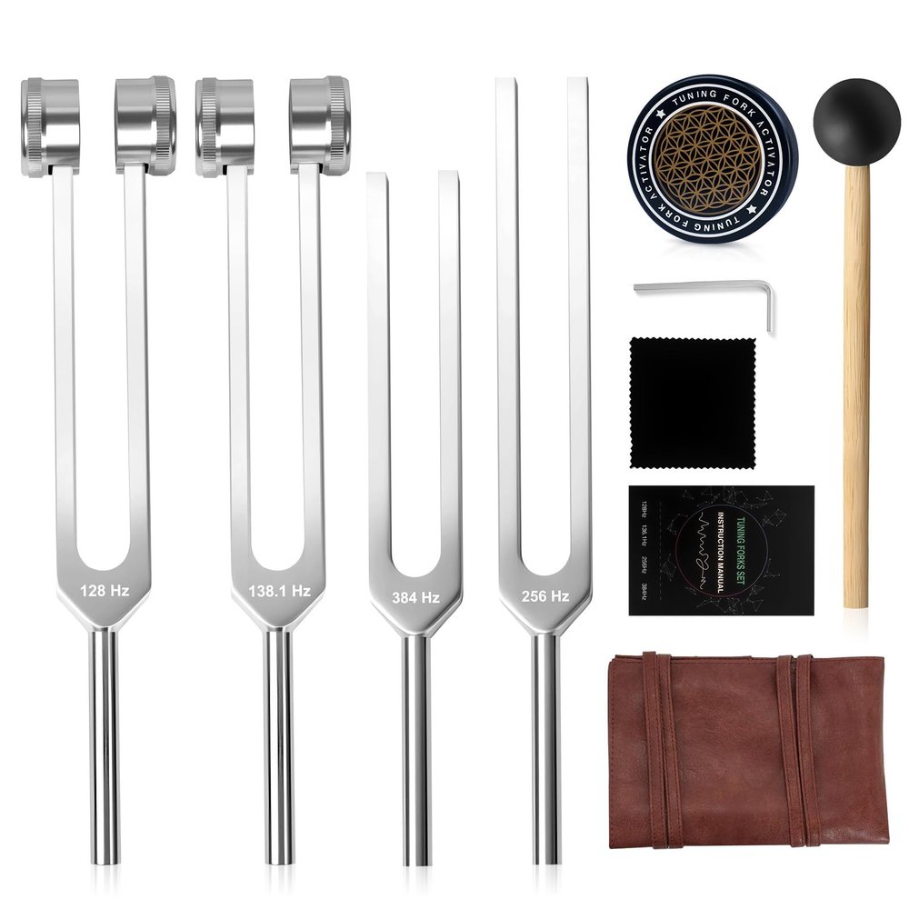 Tuning Forks for Healing Set, Including 128Hz, 136.1Hz, 256Hz, 384Hz Unweighted and Weighted Tuning Fork Activator, Medical Sound Healing Instruments for Chakra, Yoga, Meditation
