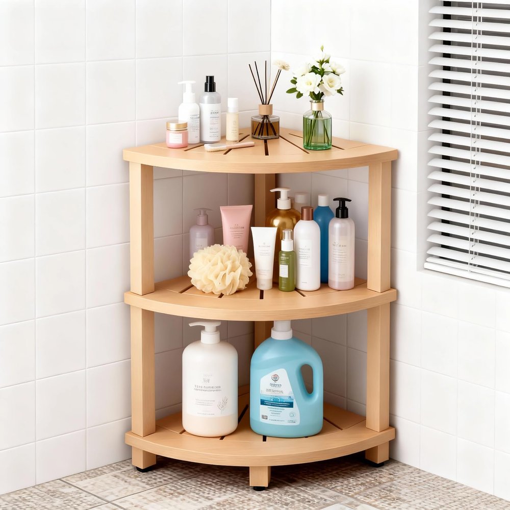 ACUEL Poly Lumber 3-Tier Corner Shower Caddy Stand, HIPS Waterproof Free Standing Bathroom Corner Shelf for Inside Shower, Anti-Slip Feet Space-Saving Shower Organizer & Storage, Kitchen, Living Room